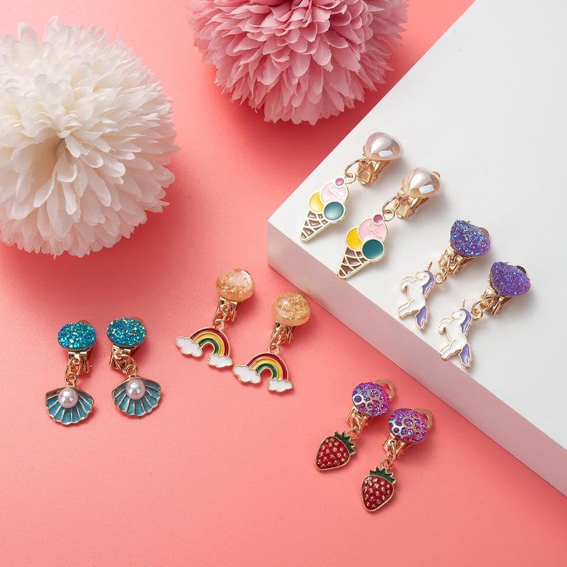 ERDOGLY Clip On Earrings for Girls, 10/12 Pairs Kids Clip On Earrings for Toddler Party Favor, Stick on Earring Jewelry Set for Little Girl Princess Play Ages 3-12 - Image 3
